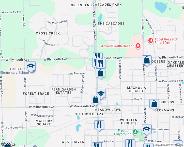 map of restaurants, bars, coffee shops, grocery stores, and more near 800 North Spring Garden Avenue in DeLand