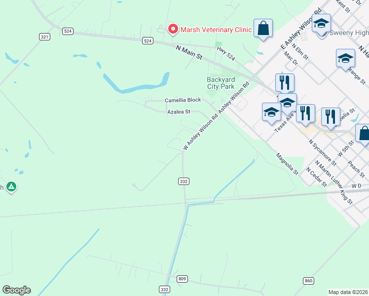 map of restaurants, bars, coffee shops, grocery stores, and more near 1000 West Ashley Wilson Road in Sweeny