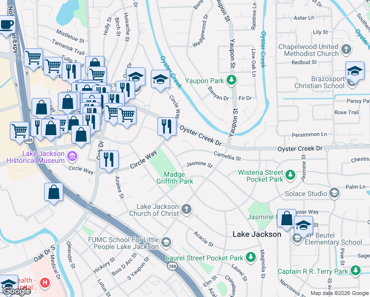 map of restaurants, bars, coffee shops, grocery stores, and more near 108 Camellia Street in Lake Jackson
