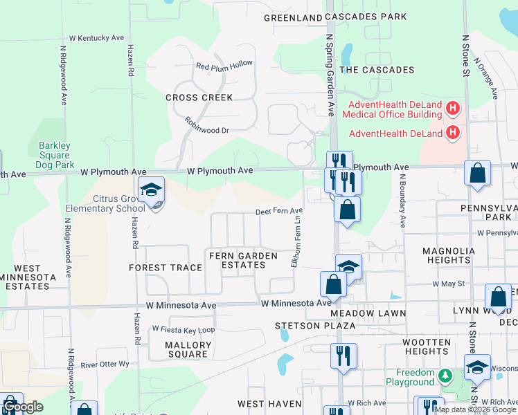 map of restaurants, bars, coffee shops, grocery stores, and more near 816 Deer Fern Avenue in DeLand