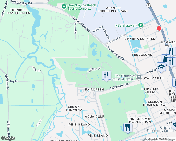 map of restaurants, bars, coffee shops, grocery stores, and more near 102 Golf Club Drive in New Smyrna Beach