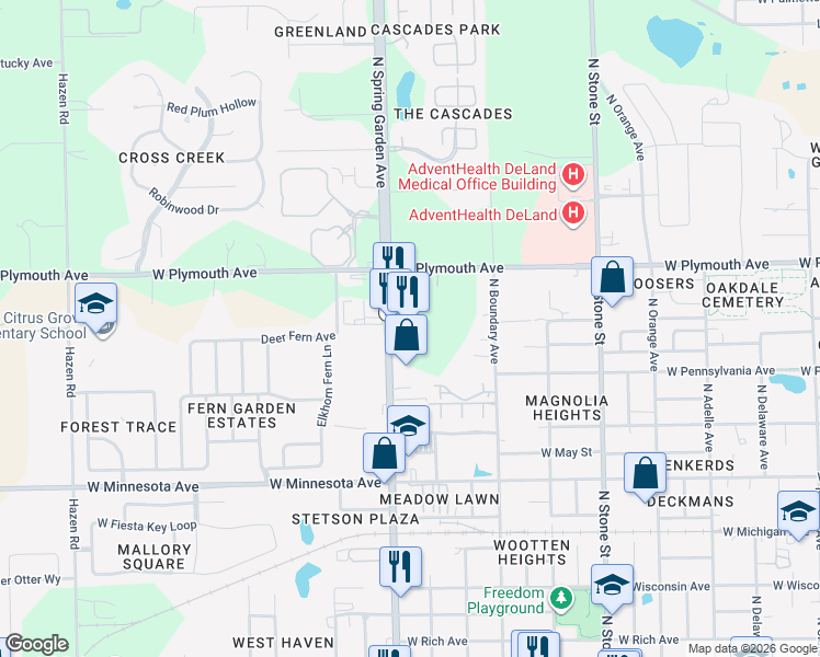 map of restaurants, bars, coffee shops, grocery stores, and more near 795 North Spring Garden Avenue in DeLand