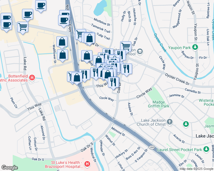 map of restaurants, bars, coffee shops, grocery stores, and more near 130 Parking Way in Lake Jackson