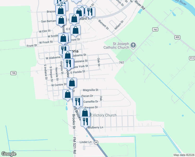 map of restaurants, bars, coffee shops, grocery stores, and more near 416 East Washington Street in Brazoria