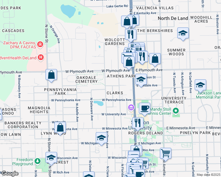 map of restaurants, bars, coffee shops, grocery stores, and more near 733 North Clara Avenue in DeLand
