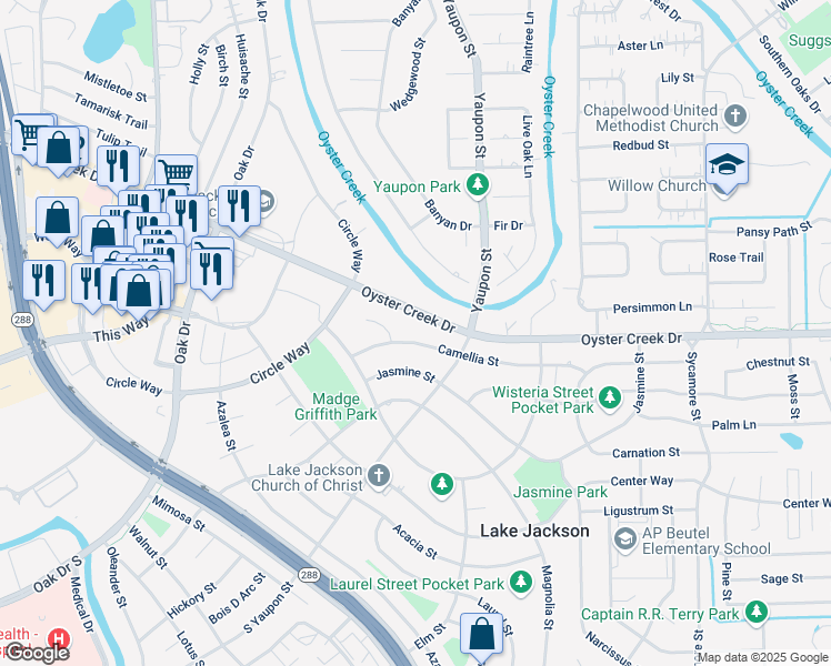 map of restaurants, bars, coffee shops, grocery stores, and more near 122 Camellia Street in Lake Jackson