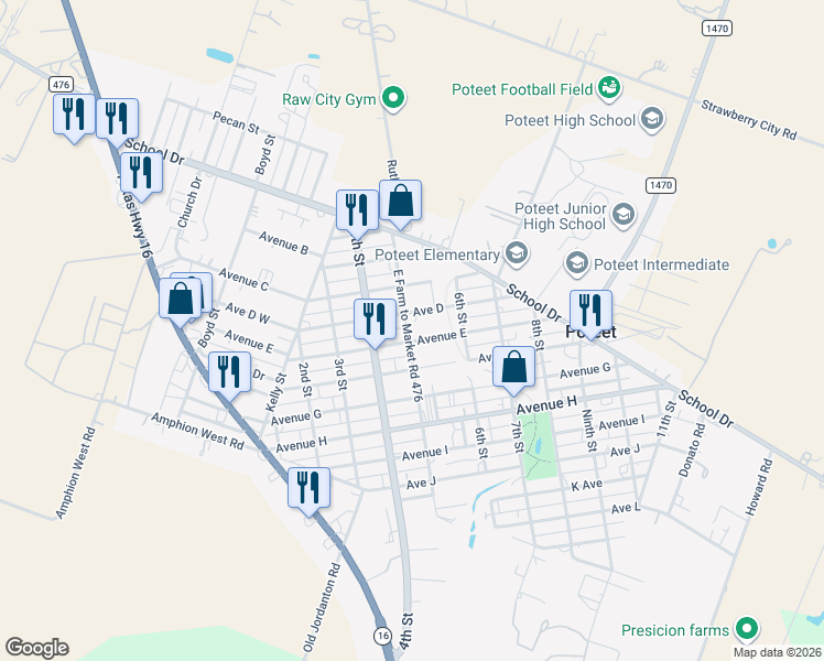 map of restaurants, bars, coffee shops, grocery stores, and more near 473 Avenue E in Poteet