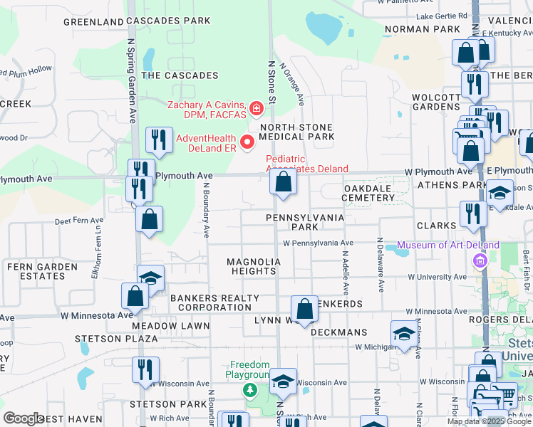 map of restaurants, bars, coffee shops, grocery stores, and more near 704 West Oakdale Avenue in DeLand