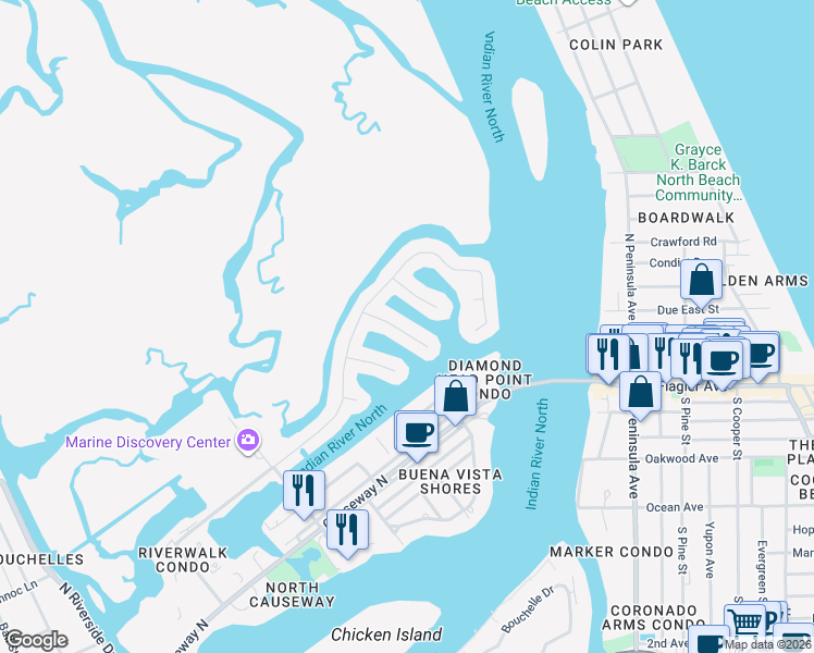 map of restaurants, bars, coffee shops, grocery stores, and more near 130 Vía Capri in New Smyrna Beach