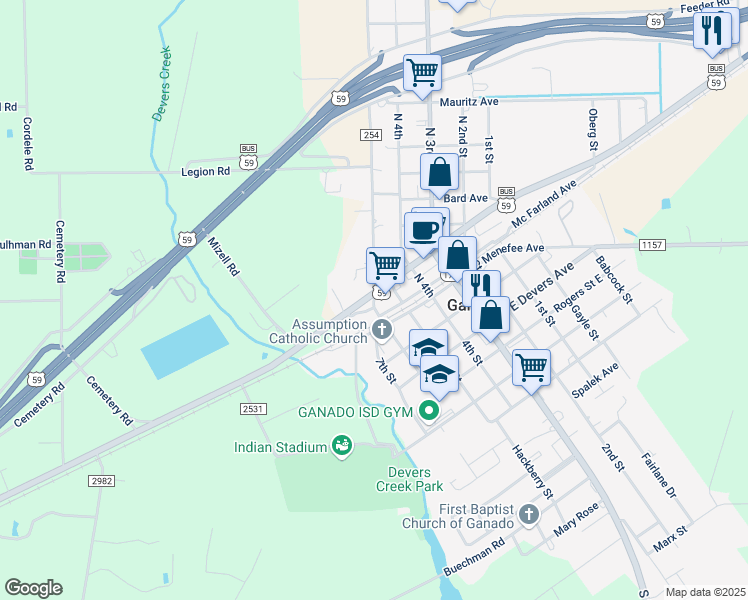 map of restaurants, bars, coffee shops, grocery stores, and more near 104 6th Street in Ganado