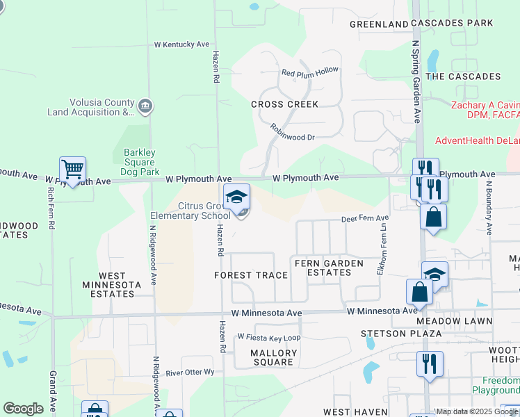 map of restaurants, bars, coffee shops, grocery stores, and more near 1600 West Plymouth Avenue in DeLand