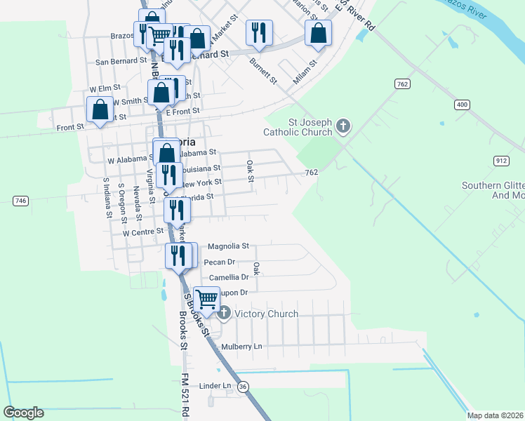 map of restaurants, bars, coffee shops, grocery stores, and more near 416 East Washington Street in Brazoria