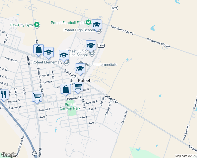map of restaurants, bars, coffee shops, grocery stores, and more near 1404 School Drive in Poteet