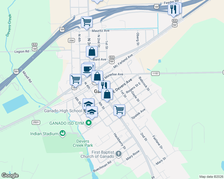 map of restaurants, bars, coffee shops, grocery stores, and more near 307 2nd Street in Ganado