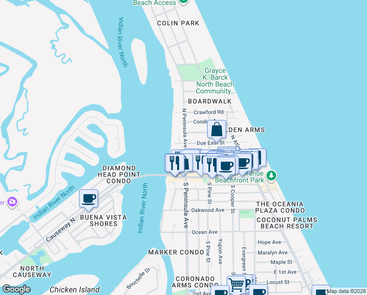 map of restaurants, bars, coffee shops, grocery stores, and more near 408 North Peninsula Avenue in New Smyrna Beach