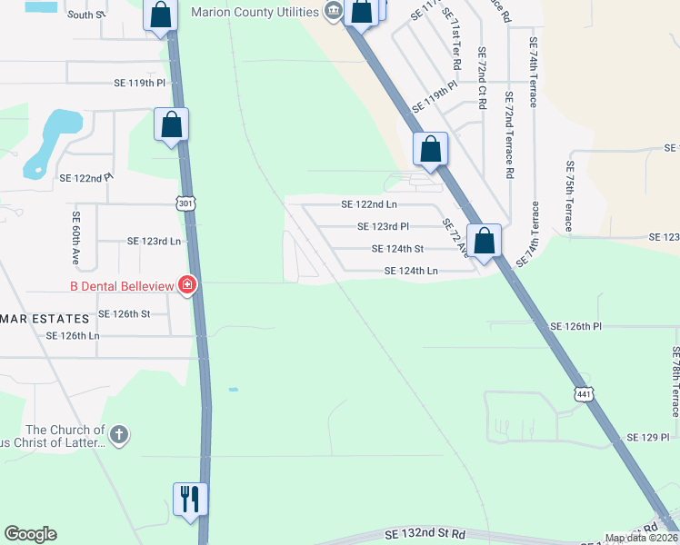 map of restaurants, bars, coffee shops, grocery stores, and more near 6915 Southeast 124th Street in Belleview