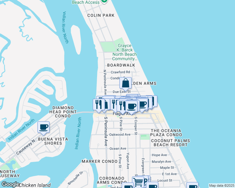 map of restaurants, bars, coffee shops, grocery stores, and more near 502 North Pine Street in New Smyrna Beach