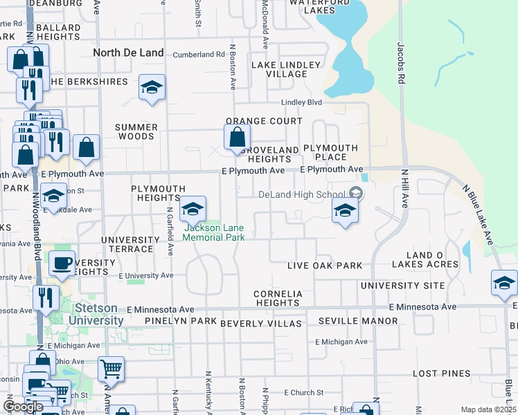 map of restaurants, bars, coffee shops, grocery stores, and more near 720 Pine Tree Court in DeLand