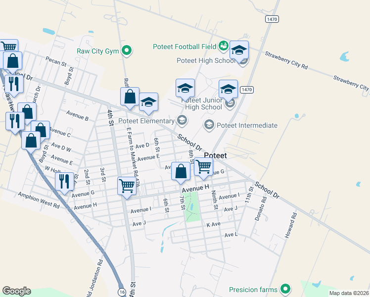 map of restaurants, bars, coffee shops, grocery stores, and more near 718 School Drive in Poteet