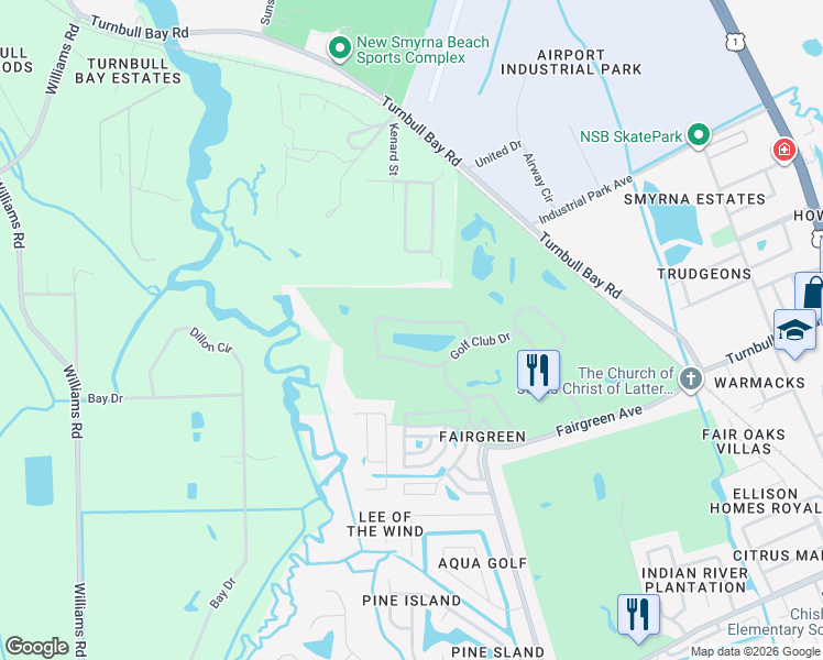 map of restaurants, bars, coffee shops, grocery stores, and more near 92 Lake Fairgreen Circle in New Smyrna Beach