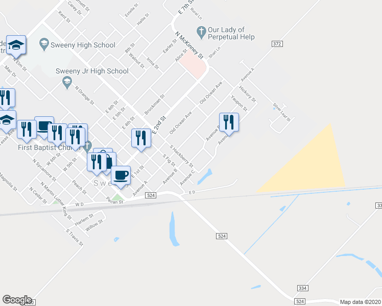 map of restaurants, bars, coffee shops, grocery stores, and more near 705 Avenue B in Sweeny
