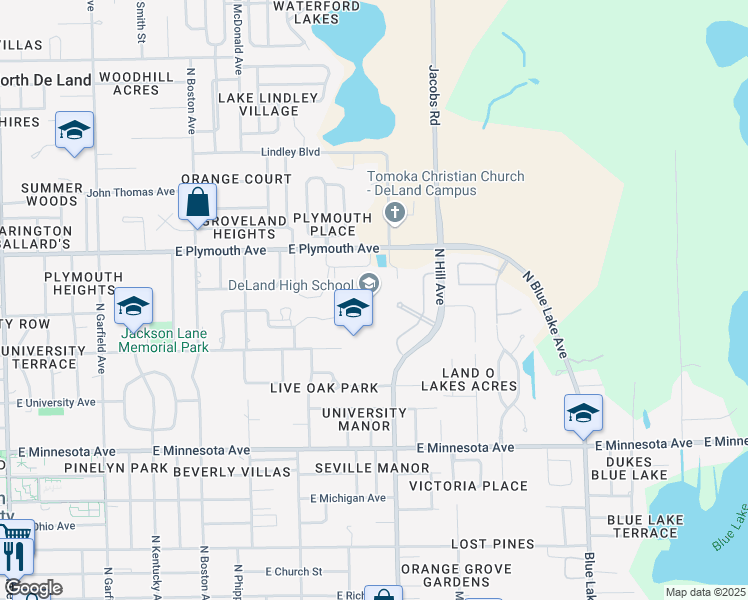 map of restaurants, bars, coffee shops, grocery stores, and more near 800 North Hill Avenue in DeLand