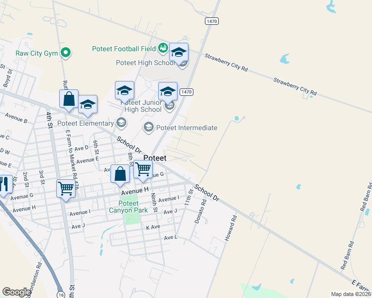 map of restaurants, bars, coffee shops, grocery stores, and more near 1020 Farm to Market Road 1470 in Poteet