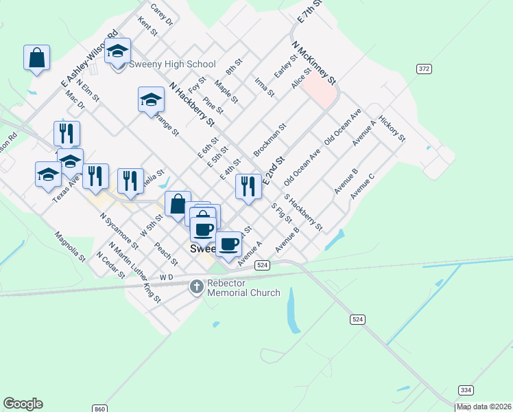 map of restaurants, bars, coffee shops, grocery stores, and more near 106 North Orange Street in Sweeny