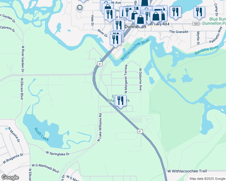 map of restaurants, bars, coffee shops, grocery stores, and more near 1728 West Henry Blair Lane in Dunnellon