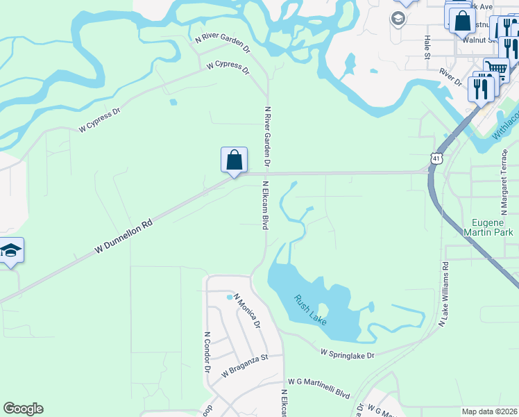 map of restaurants, bars, coffee shops, grocery stores, and more near 2534 West Plumtree Lane in Dunnellon