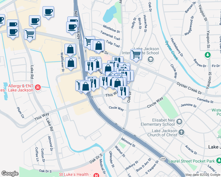 map of restaurants, bars, coffee shops, grocery stores, and more near 209 Parking Way Street in Lake Jackson