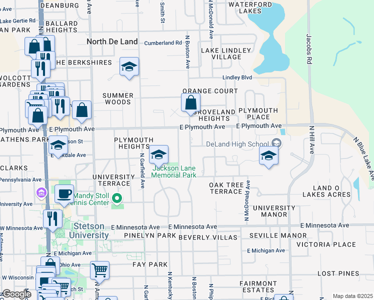 map of restaurants, bars, coffee shops, grocery stores, and more near 801 North Boston Avenue in DeLand