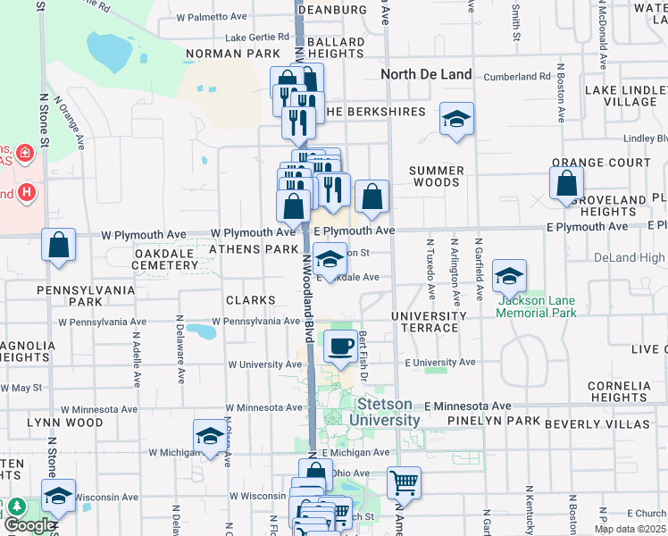 map of restaurants, bars, coffee shops, grocery stores, and more near 820 North Clake Avenue in DeLand