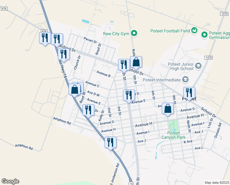 map of restaurants, bars, coffee shops, grocery stores, and more near 285 Avenue I in Poteet