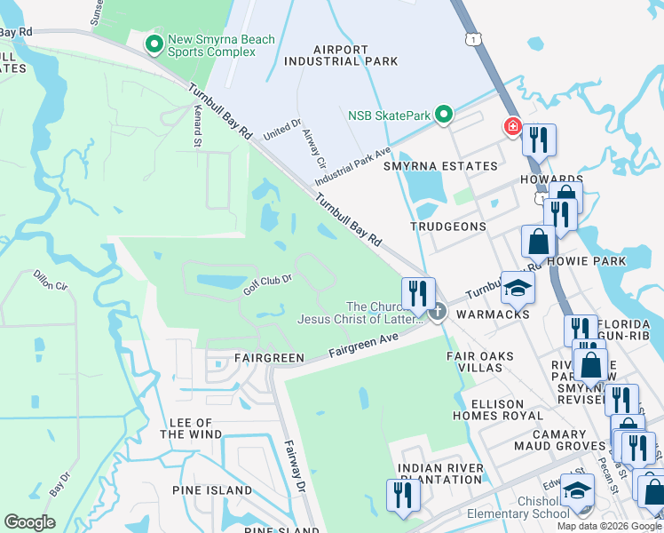 map of restaurants, bars, coffee shops, grocery stores, and more near 228 Golf Club Dr in New Smyrna Beach