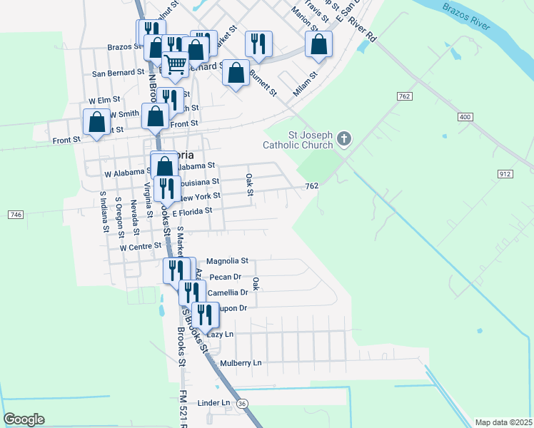 map of restaurants, bars, coffee shops, grocery stores, and more near 453 Carlton St in Brazoria