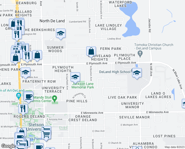 map of restaurants, bars, coffee shops, grocery stores, and more near 801 North Boston Avenue in DeLand