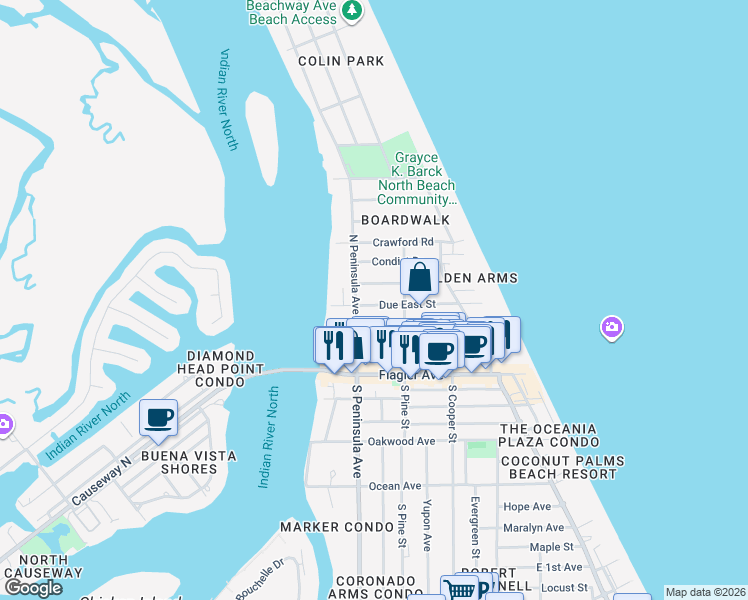 map of restaurants, bars, coffee shops, grocery stores, and more near 505 North Peninsula Avenue in New Smyrna Beach