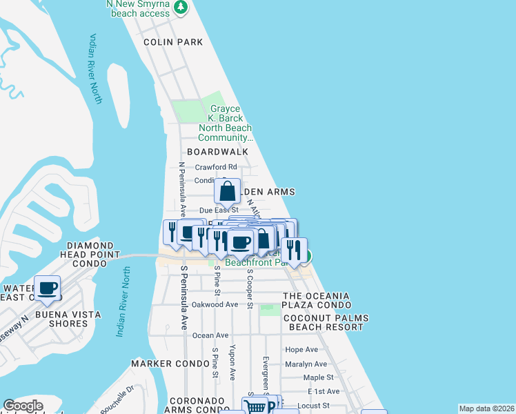 map of restaurants, bars, coffee shops, grocery stores, and more near 515 North Atlantic Avenue in New Smyrna Beach