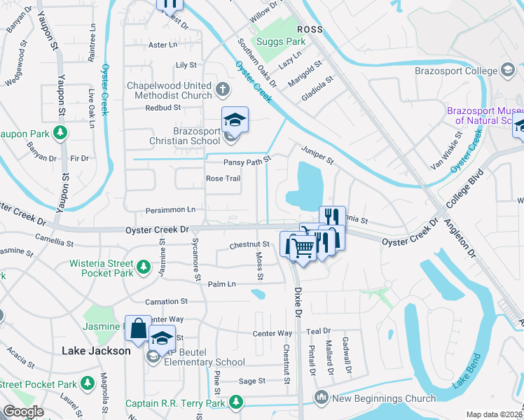 map of restaurants, bars, coffee shops, grocery stores, and more near 106 Portulaca Street in Lake Jackson