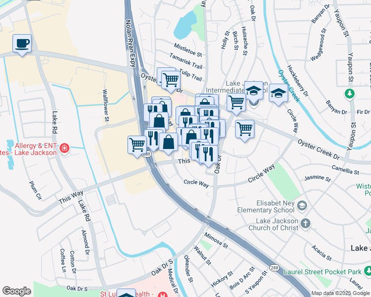 map of restaurants, bars, coffee shops, grocery stores, and more near 209 Parking Way Street in Lake Jackson