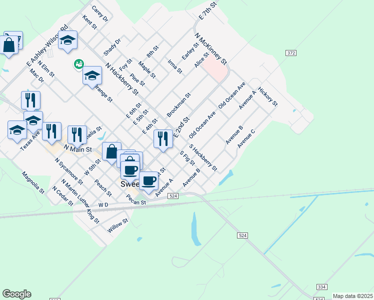map of restaurants, bars, coffee shops, grocery stores, and more near 608 E 1st St in Sweeny