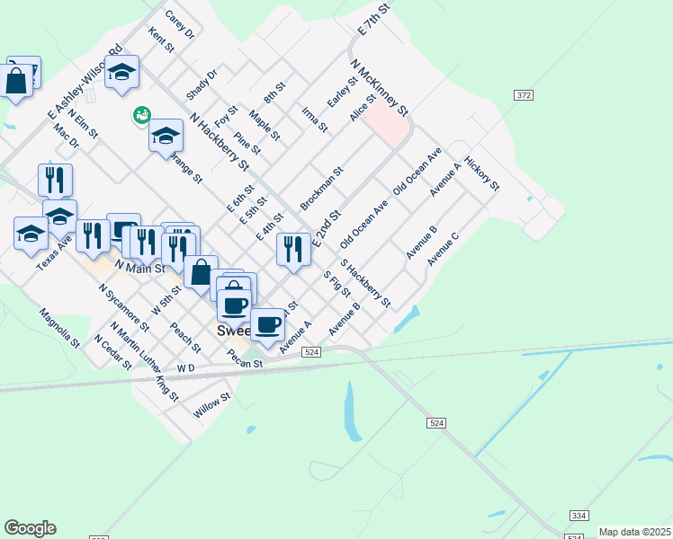 map of restaurants, bars, coffee shops, grocery stores, and more near 608 East 1st Street in Sweeny
