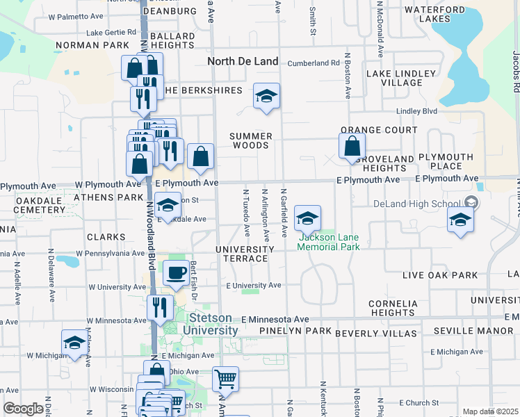 map of restaurants, bars, coffee shops, grocery stores, and more near 820 North Arlington Avenue in DeLand