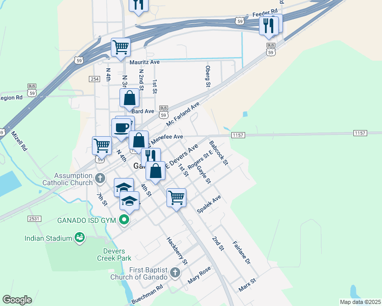 map of restaurants, bars, coffee shops, grocery stores, and more near 301 Gayle Street in Ganado