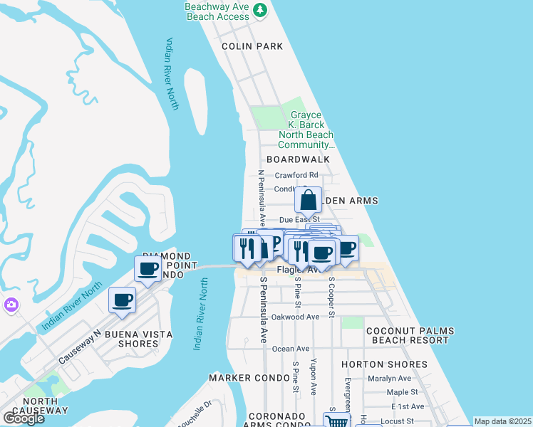 map of restaurants, bars, coffee shops, grocery stores, and more near 505 North Peninsula Avenue in New Smyrna Beach