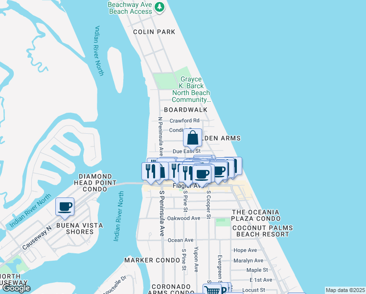 map of restaurants, bars, coffee shops, grocery stores, and more near 502 N Pine St in New Smyrna Beach