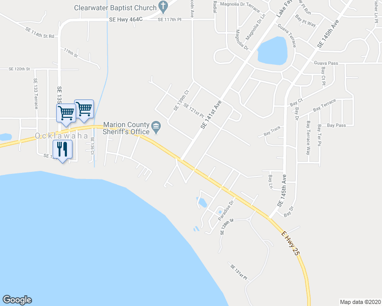 map of restaurants, bars, coffee shops, grocery stores, and more near 12452 Southeast 141st Circle in Ocklawaha