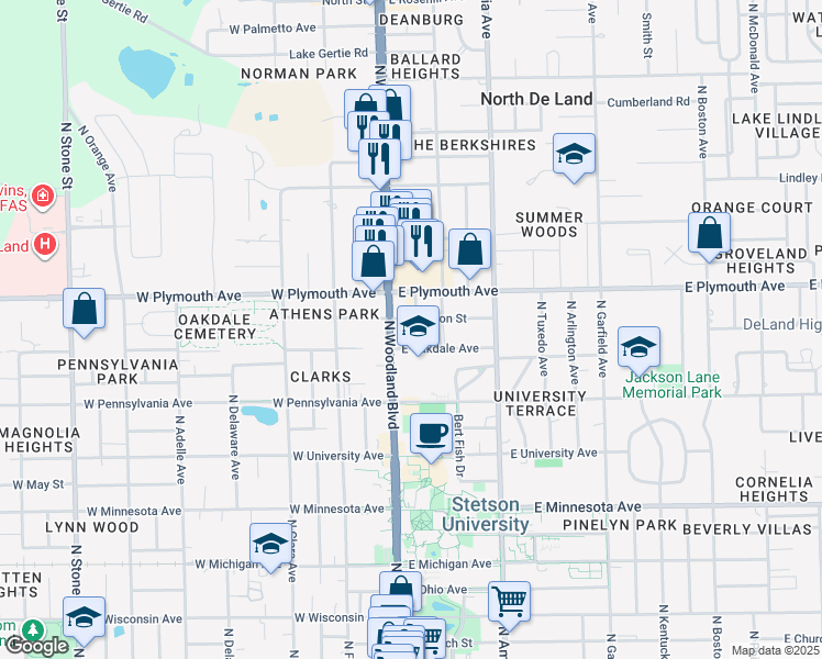 map of restaurants, bars, coffee shops, grocery stores, and more near 820 N Clake Ave in DeLand
