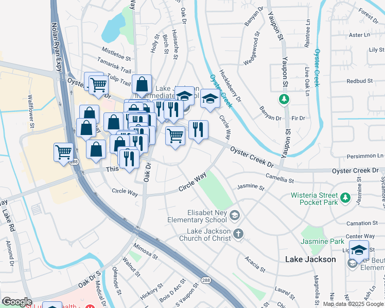 map of restaurants, bars, coffee shops, grocery stores, and more near 126 Winding Way Street in Lake Jackson